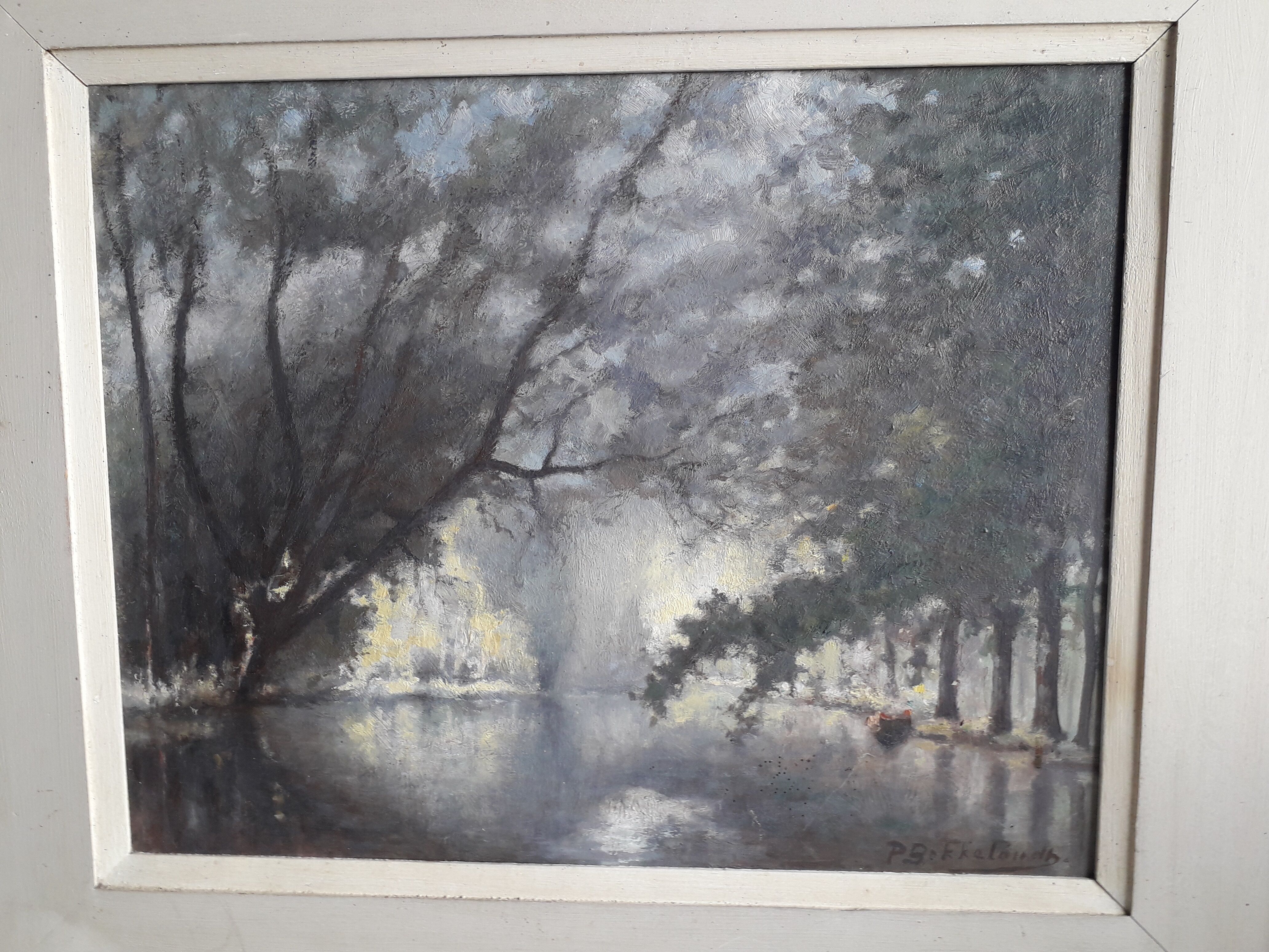 Old oil painting depicting a landscape