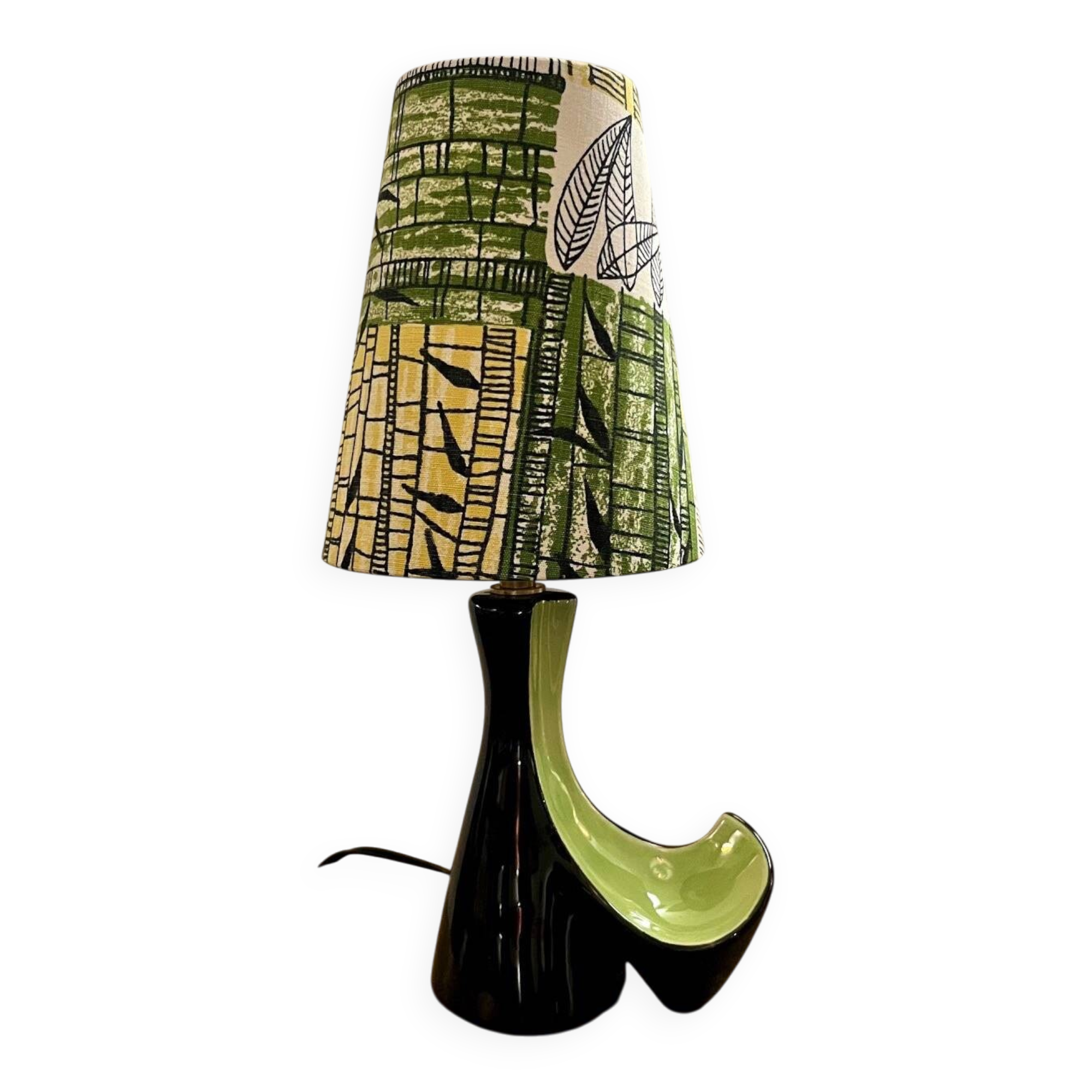 Vintage ceramic lamp in black and green - 1950s / 1960s - Handmade lampshade