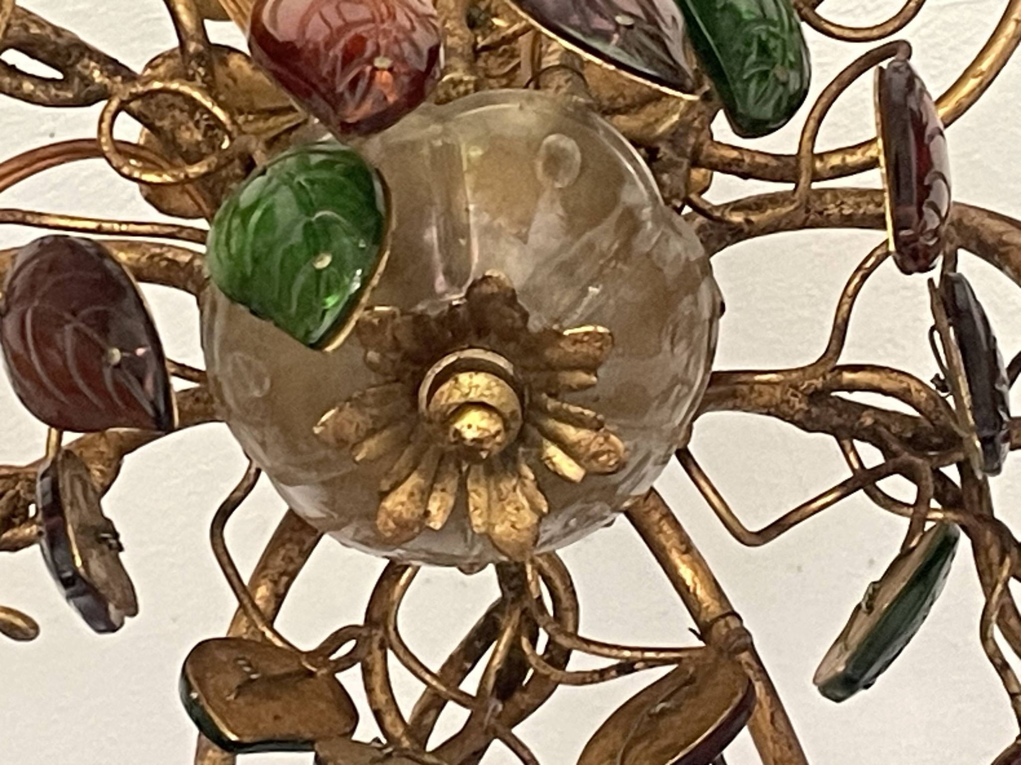 Floral chandelier Banci Firenze with 6 lights, coloured glass and gold metal.