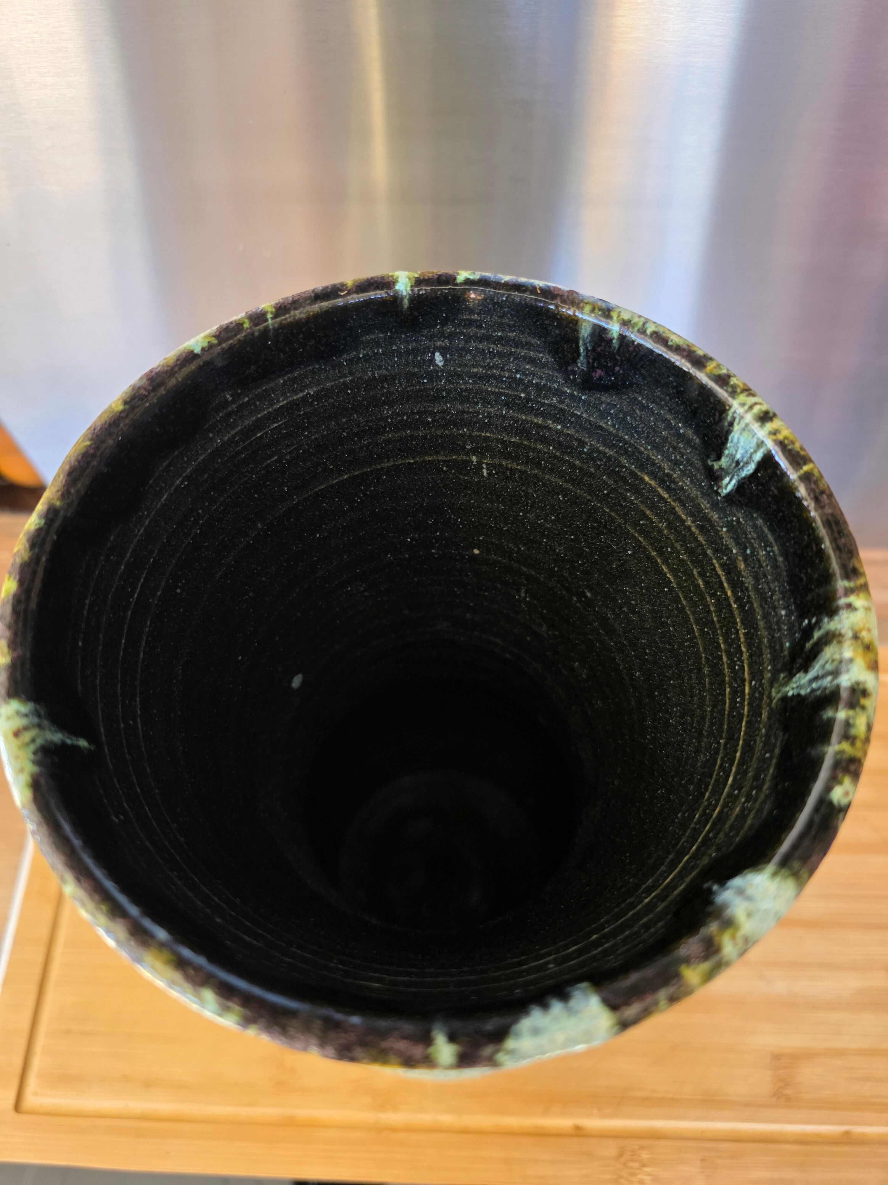 Large baluster vase from Accolay – Water green & ochre marbled enamel – 35 cm