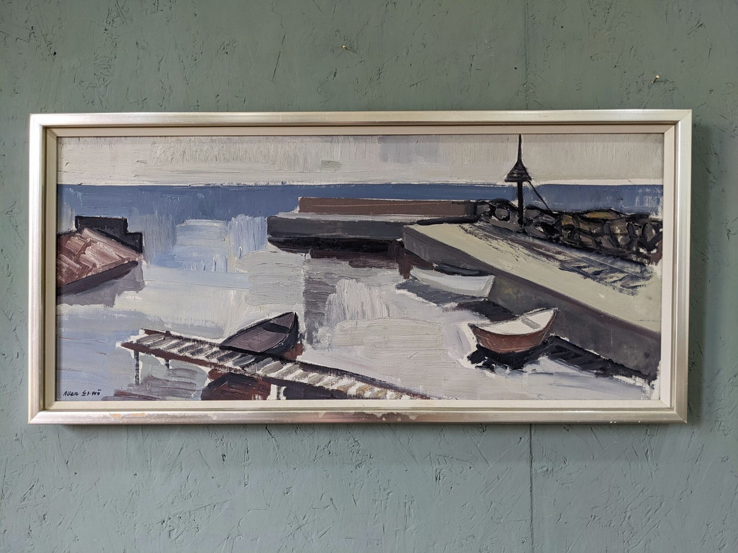 Mid-Century Modern Swedish "Boats at the Jetty" Vintage Coastal Landscape Oil Painting, Framed