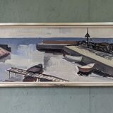Mid-Century Modern Swedish "Boats at the Jetty" Vintage Coastal Landscape Oil Painting, Framed