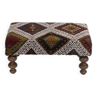 Turkish Handwoven Kilim Tribal Footstool Pouf