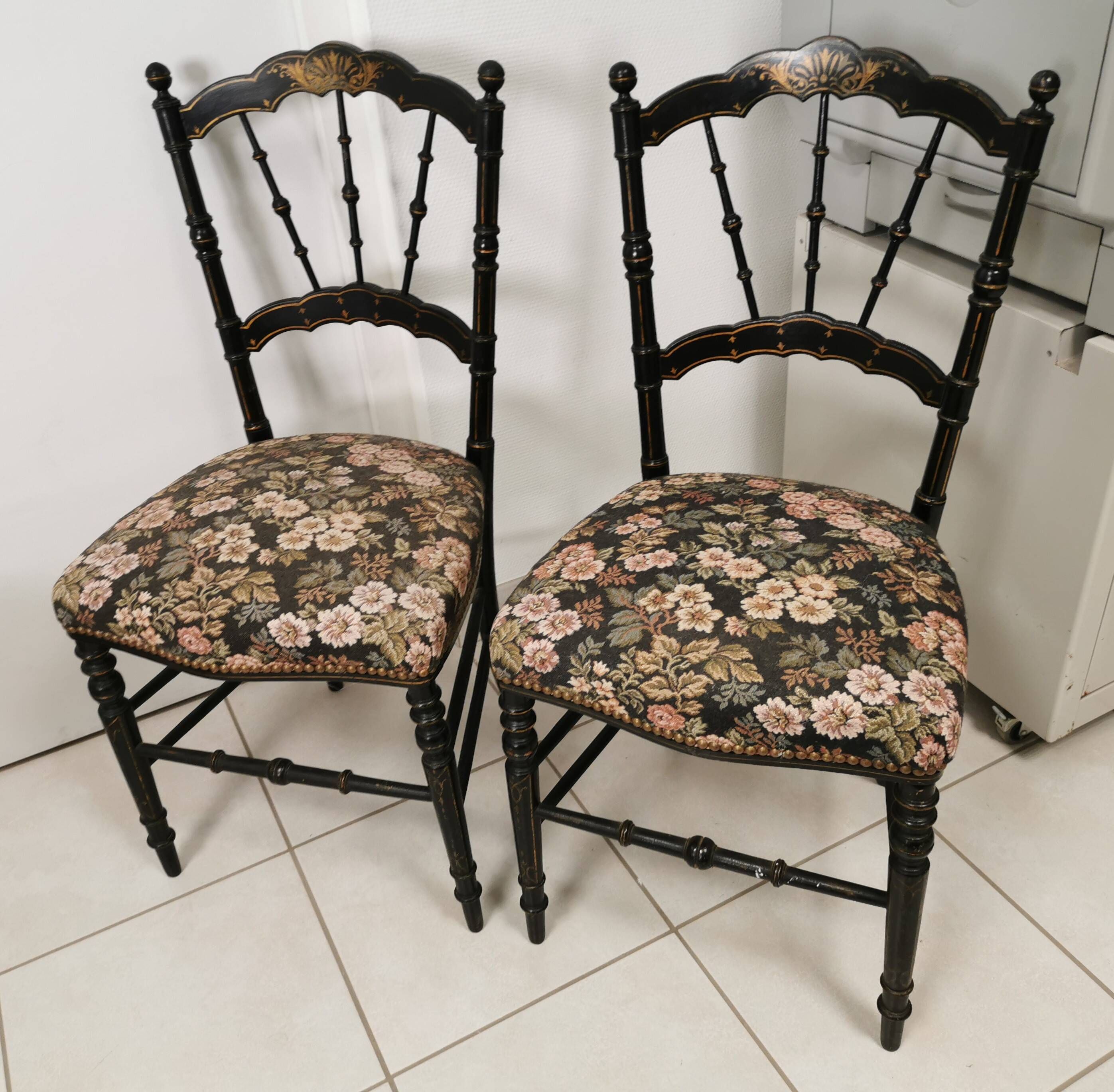 Pair of antique chairs, Napoleon III, blackened wood, reupholstered