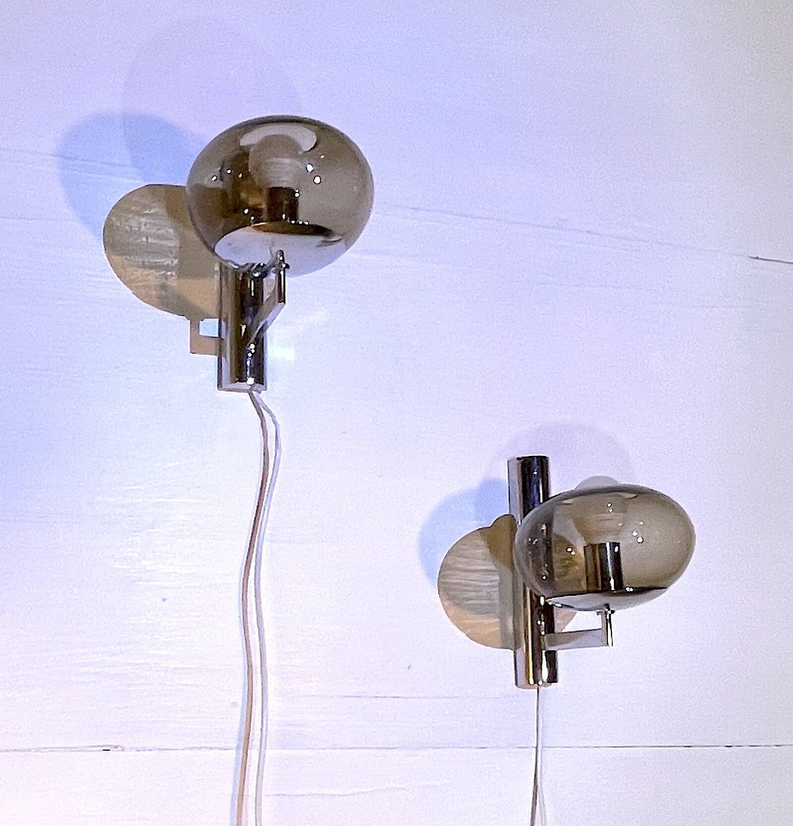 Sciolari, pair of chrome wall lights, smoked glass, Italy, 1970s