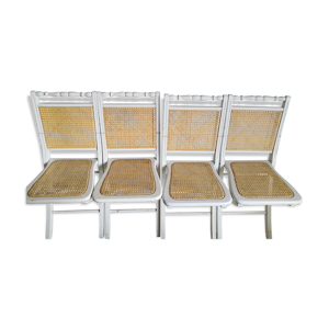 Suite de 4 chaises pliantes bois et cannage vintage années 60/70