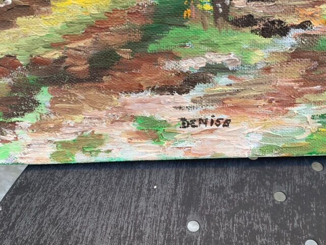 Canvas on village scene frame signed vintage Denise