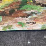 Canvas on village scene frame signed vintage Denise