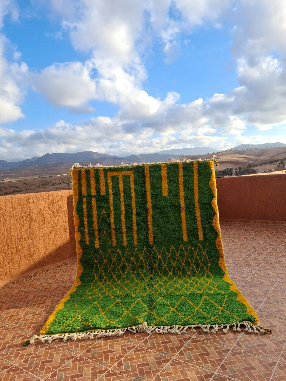 Moroccan Berber handmade rug – 300x200 cm – green and yellow wool