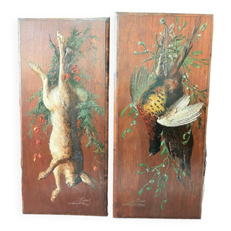 Paire de peinture sur bois cynégetiques