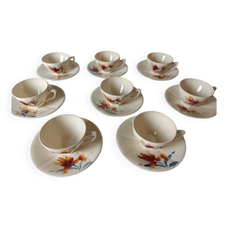 8 vintage Sarreguemines coffee cups with Iris decor