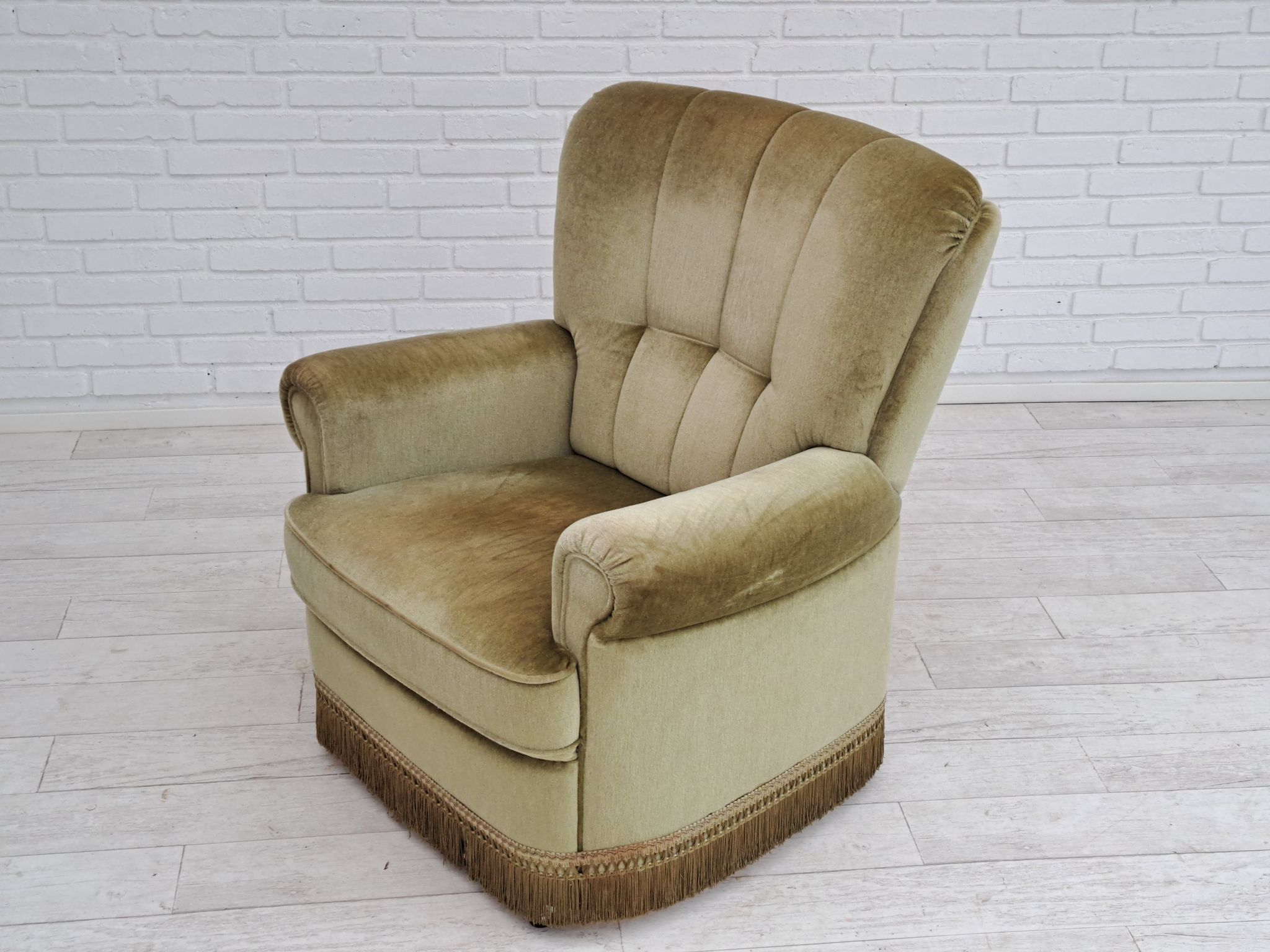 Danish velour armchair, original condition, beech wood, 80s