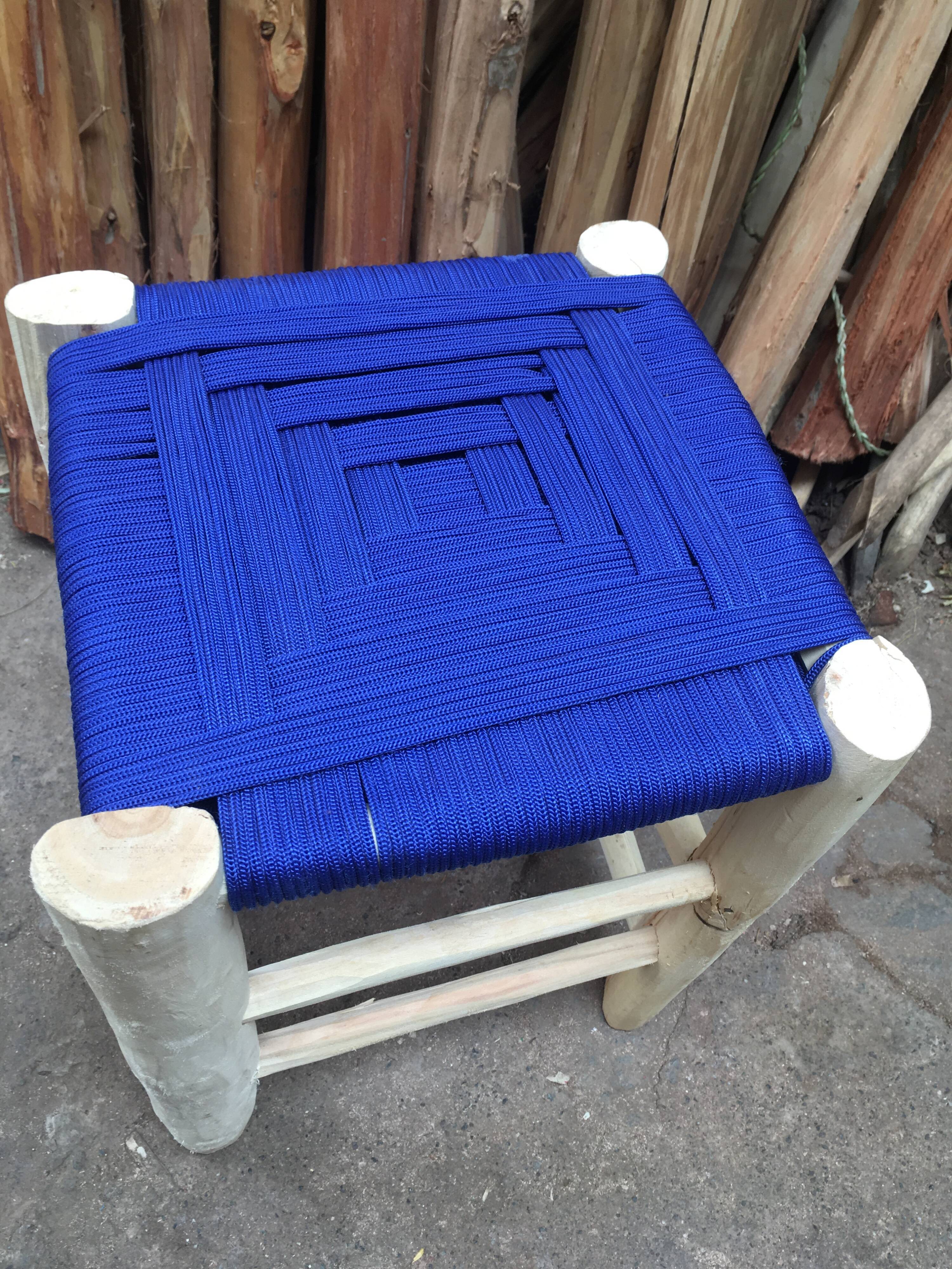 Traditional moroccan stool in nylon thread blue majorelle and eucalyptus wood
