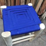 Traditional moroccan stool in nylon thread blue majorelle and eucalyptus wood