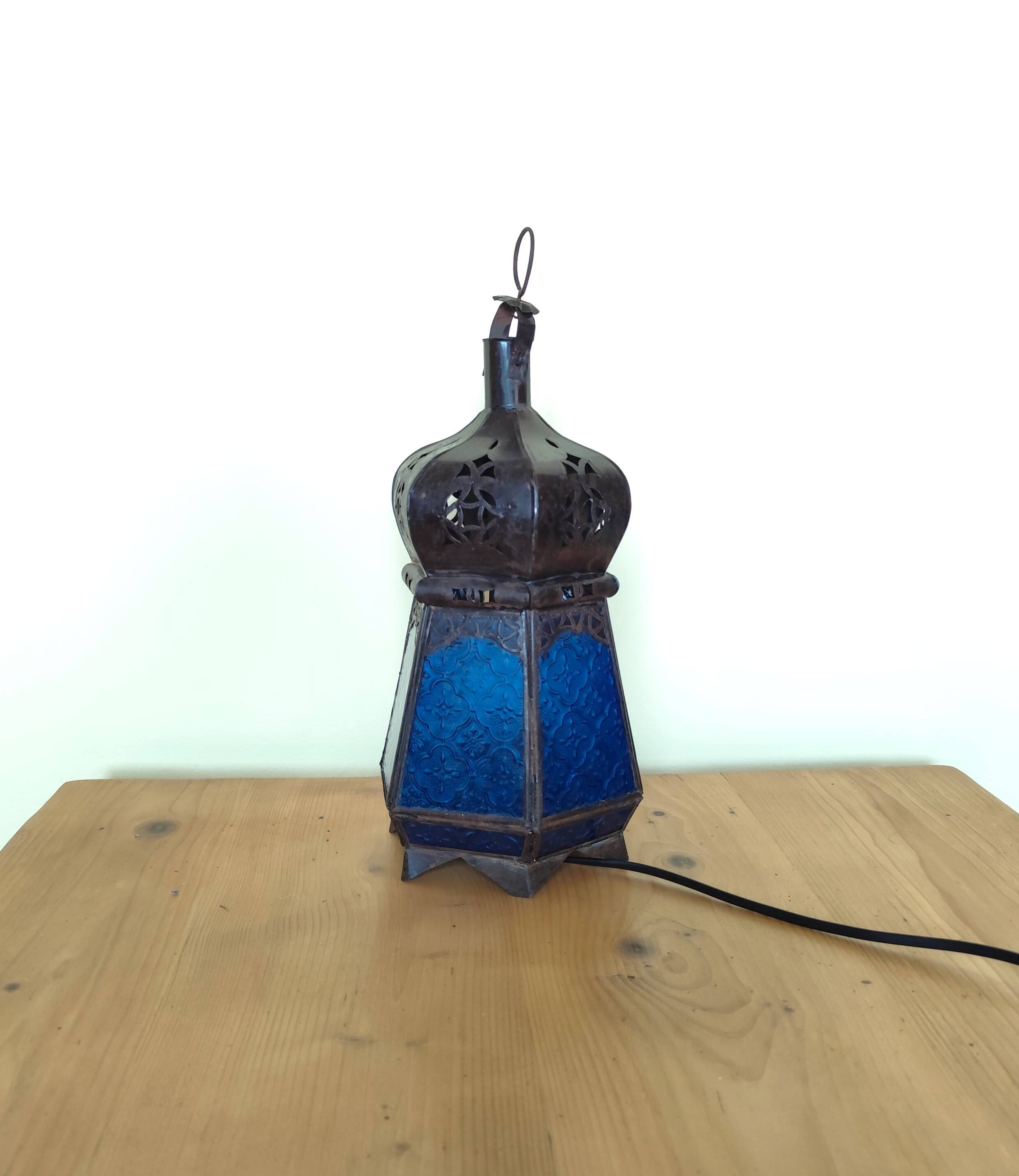 Blue hexagonal Moroccan lantern table lamp