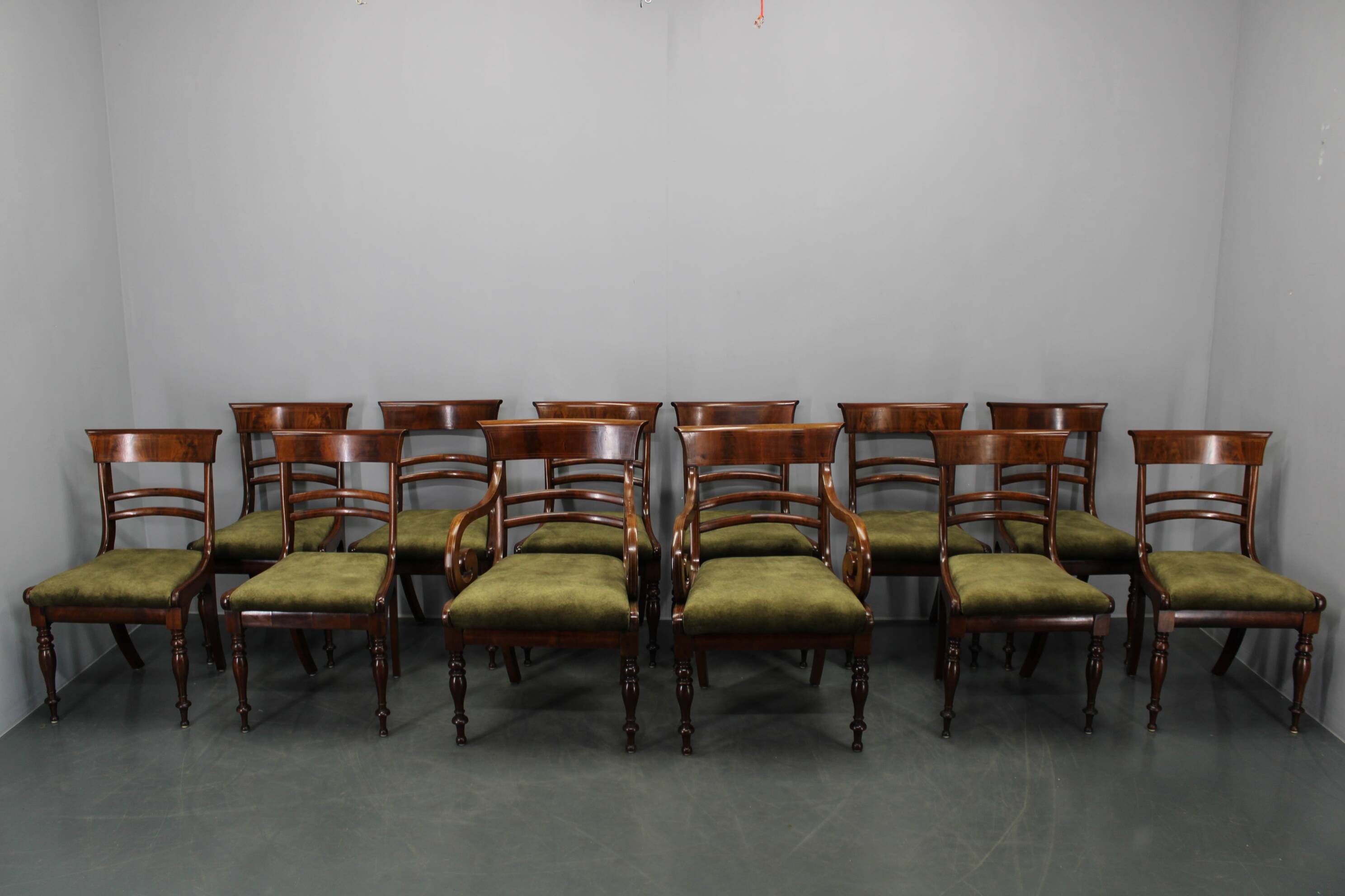 French Art Deco walnut dining chair set with armchairs, France 1930s