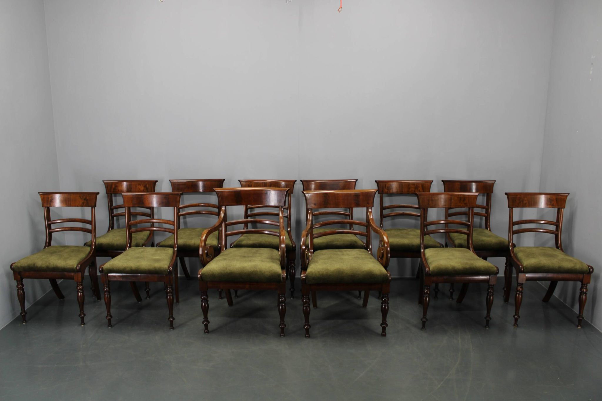 French Art Deco walnut dining chair set with armchairs, France 1930s