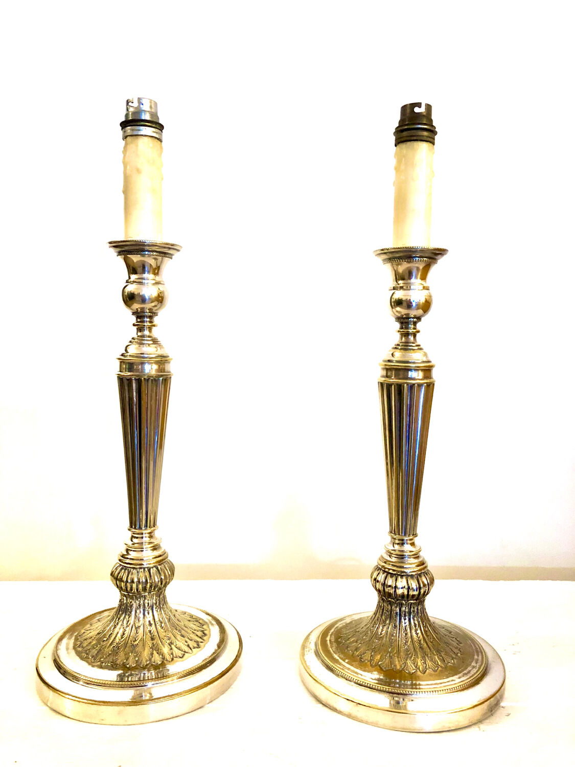 Pair of silver metal candle holder lamp bases