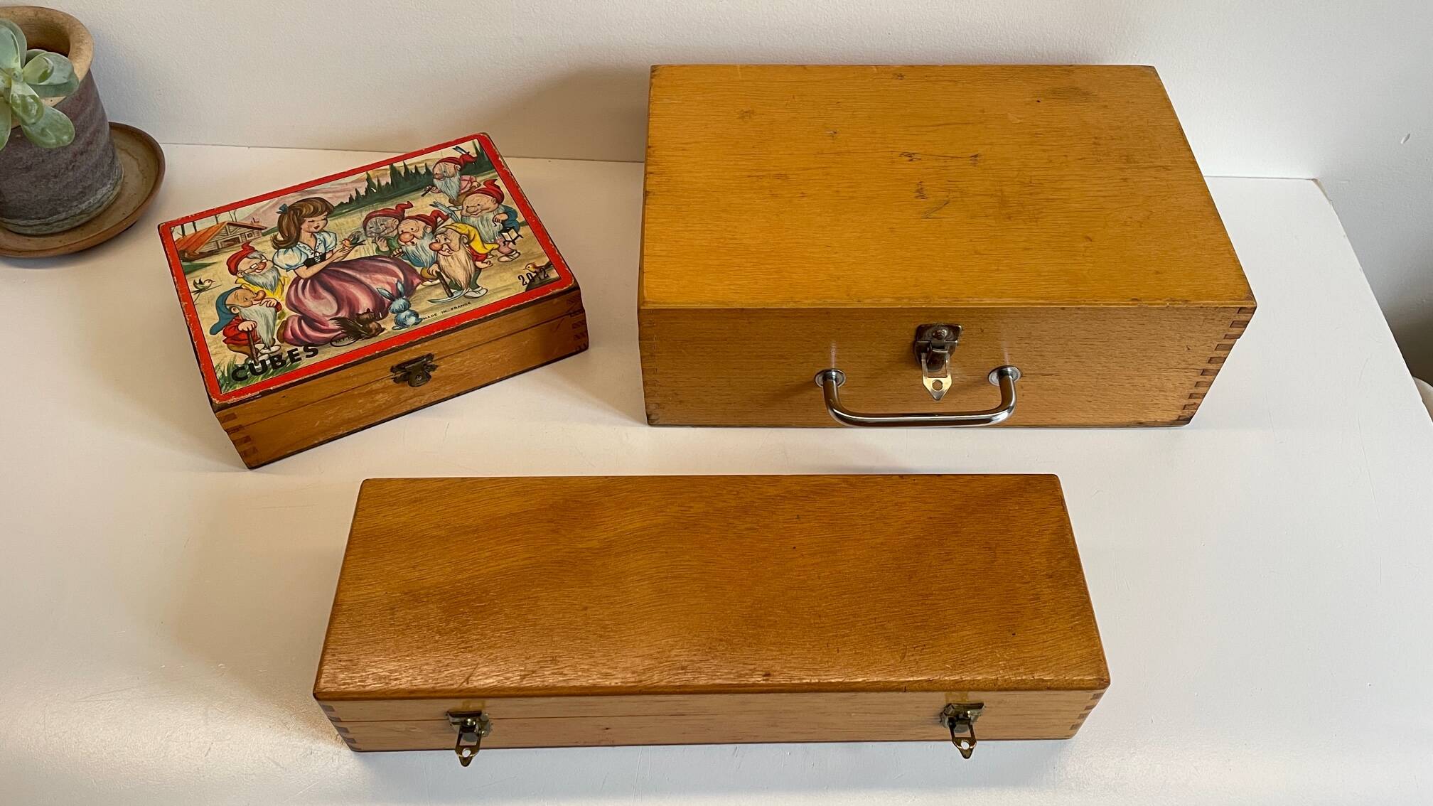 3 vintage dovetail wooden boxes