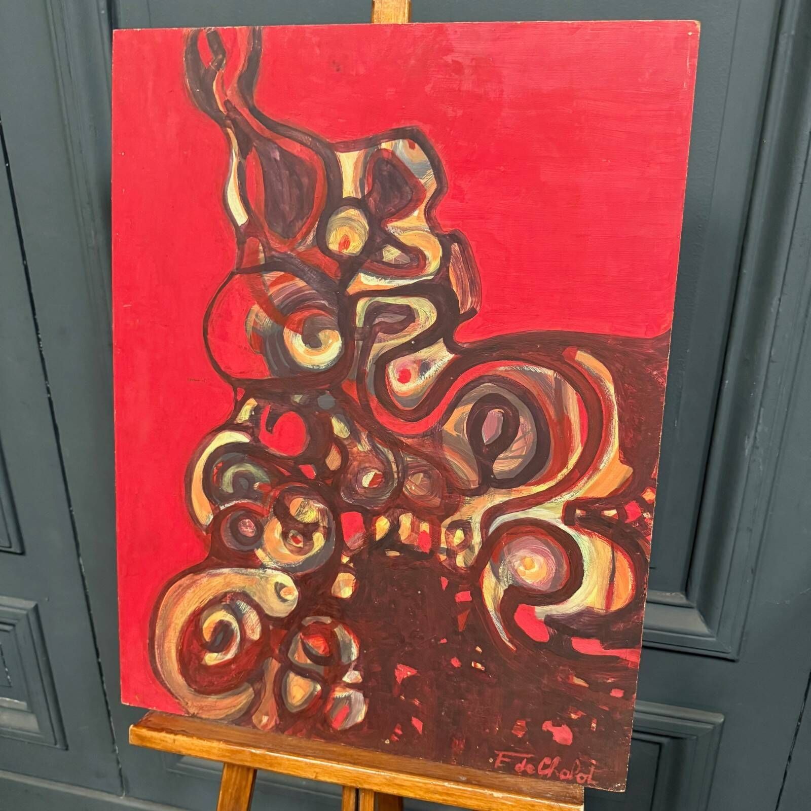 Oil on cardboard modern composition by François de Chabot 1960-70