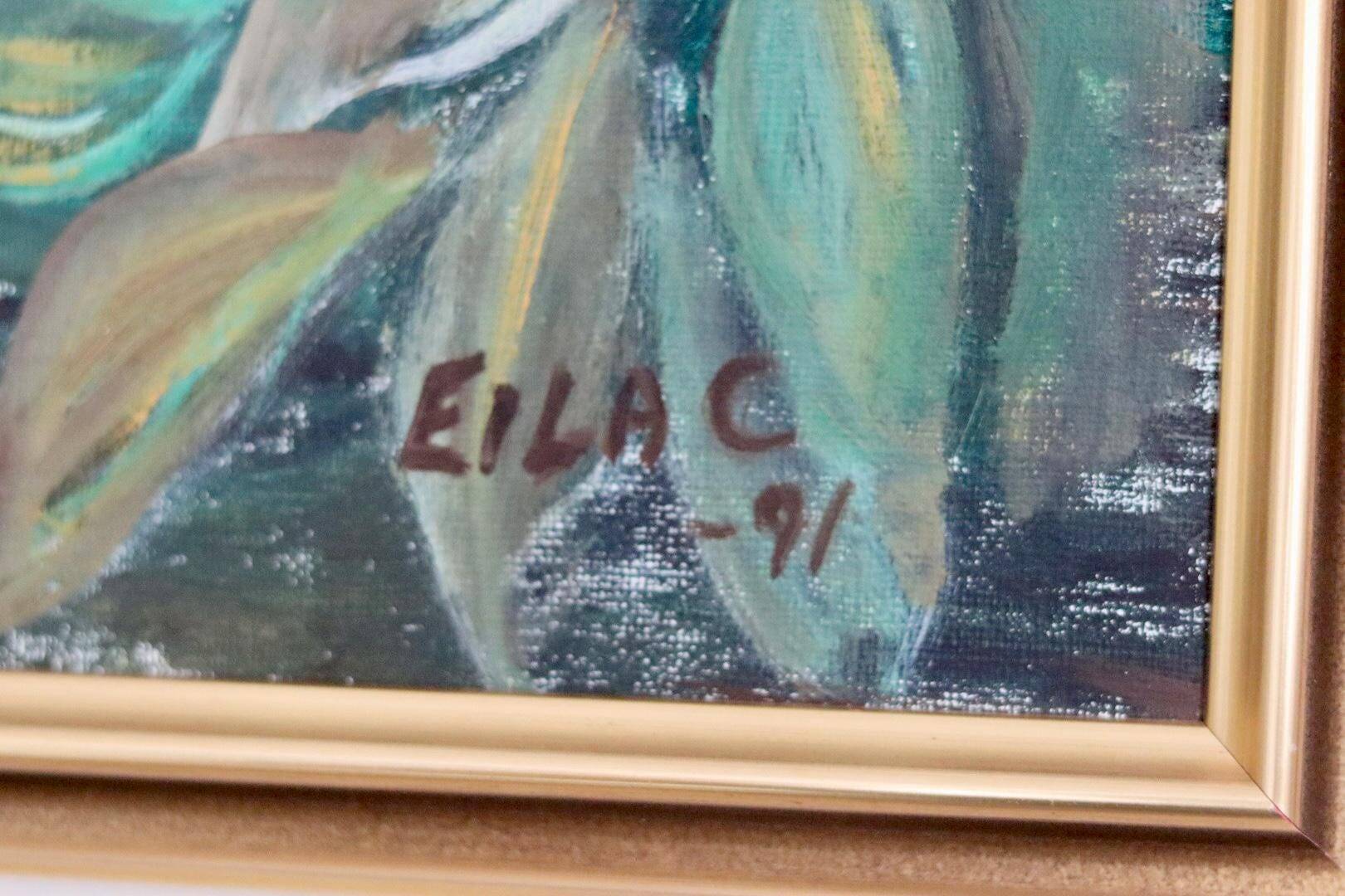 Huile sur toile « Motifs floraux » par Eila C, Suède milieu XXème