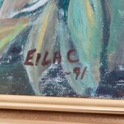 Huile sur toile « Motifs floraux » par Eila C, Suède milieu XXème