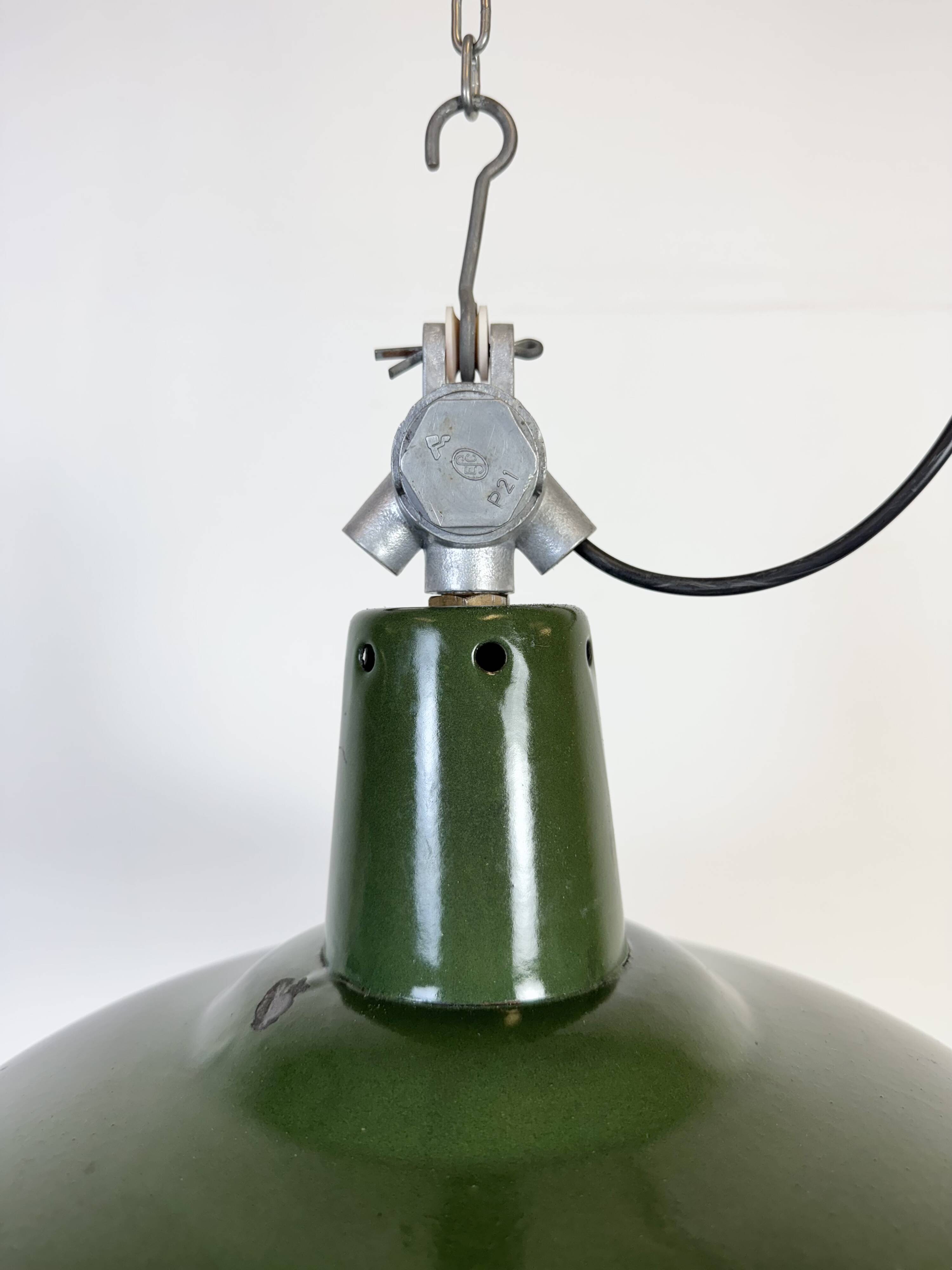 Industrial French Green Enamel Factory Pendant Lamp, 1960s