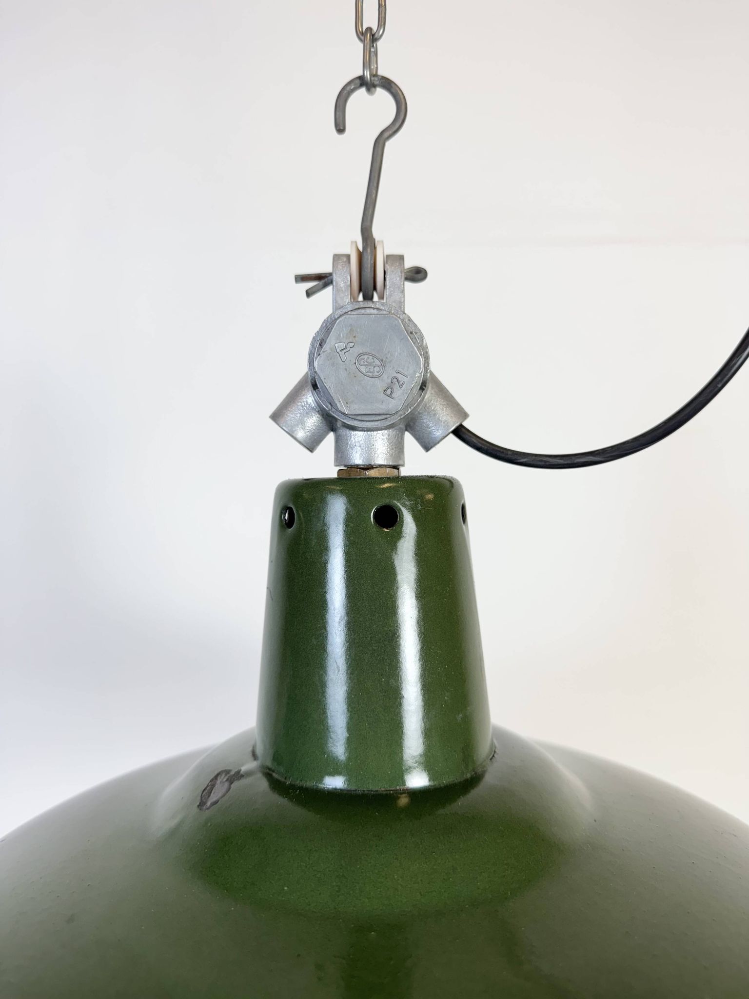 Industrial French Green Enamel Factory Pendant Lamp, 1960s