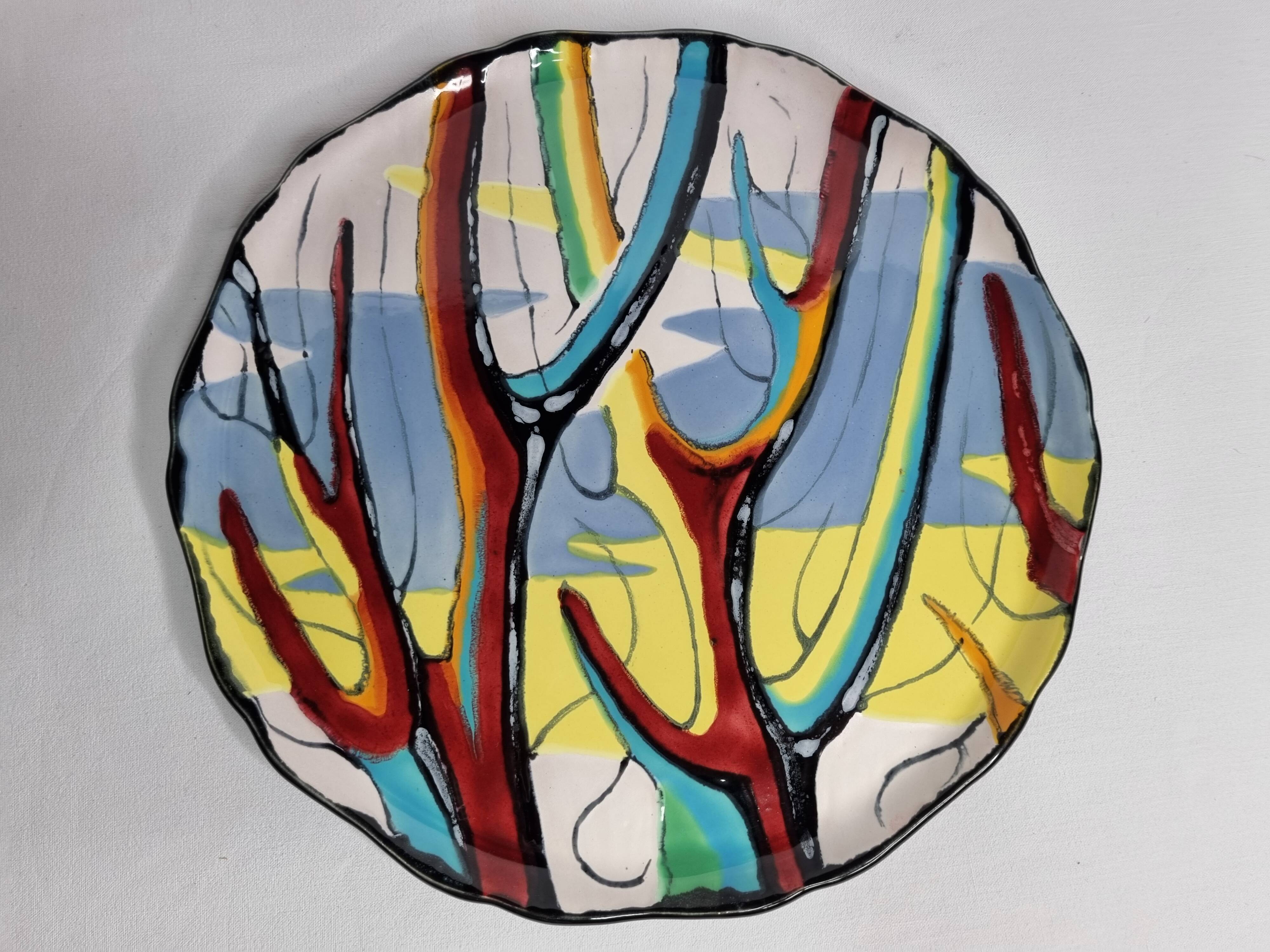 Longwy pie dish 33 cm, "Provence" decor, polychrome abstract, black enamel, numbered, 1960s
