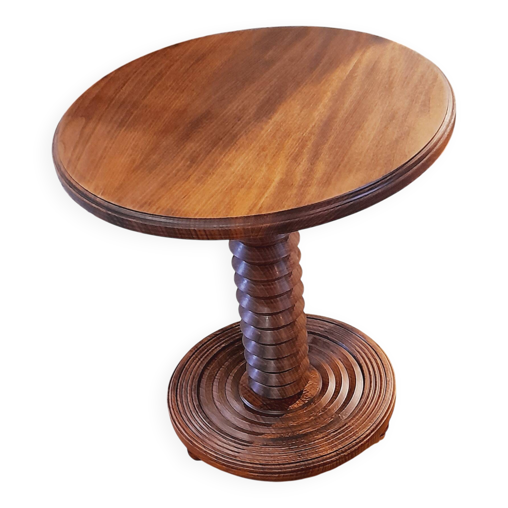 Brutalist side table with turned wood and wine press leg.