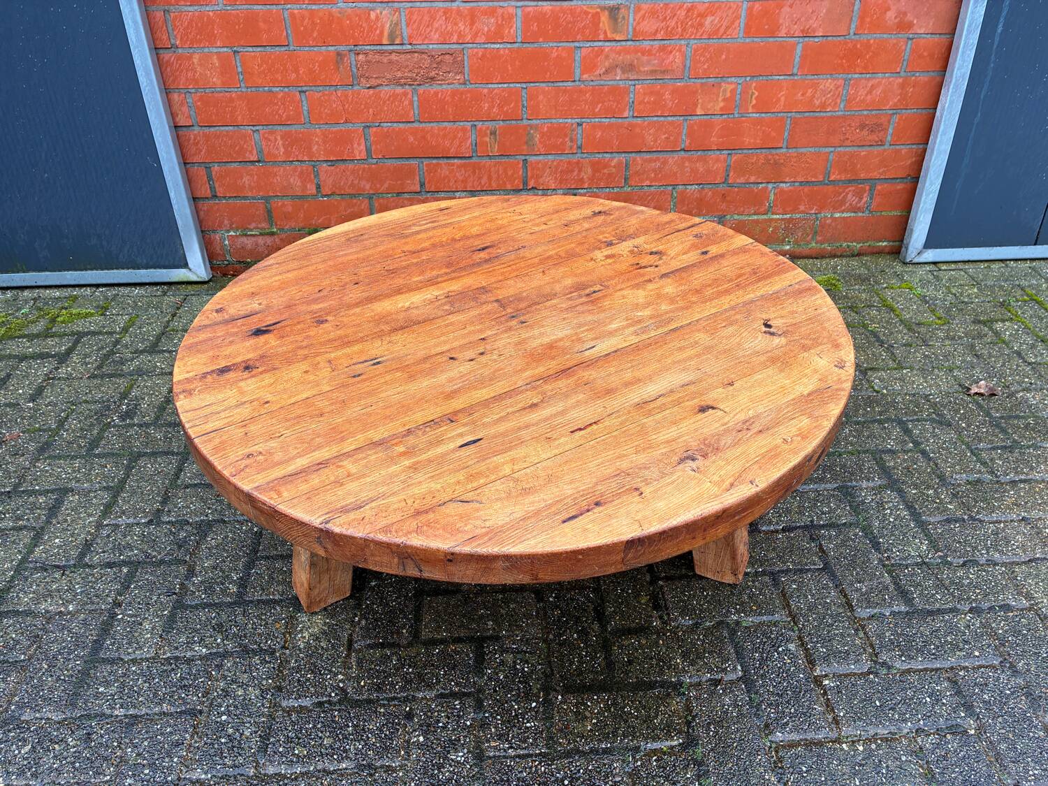 Brutalist oak coffee table thee legs