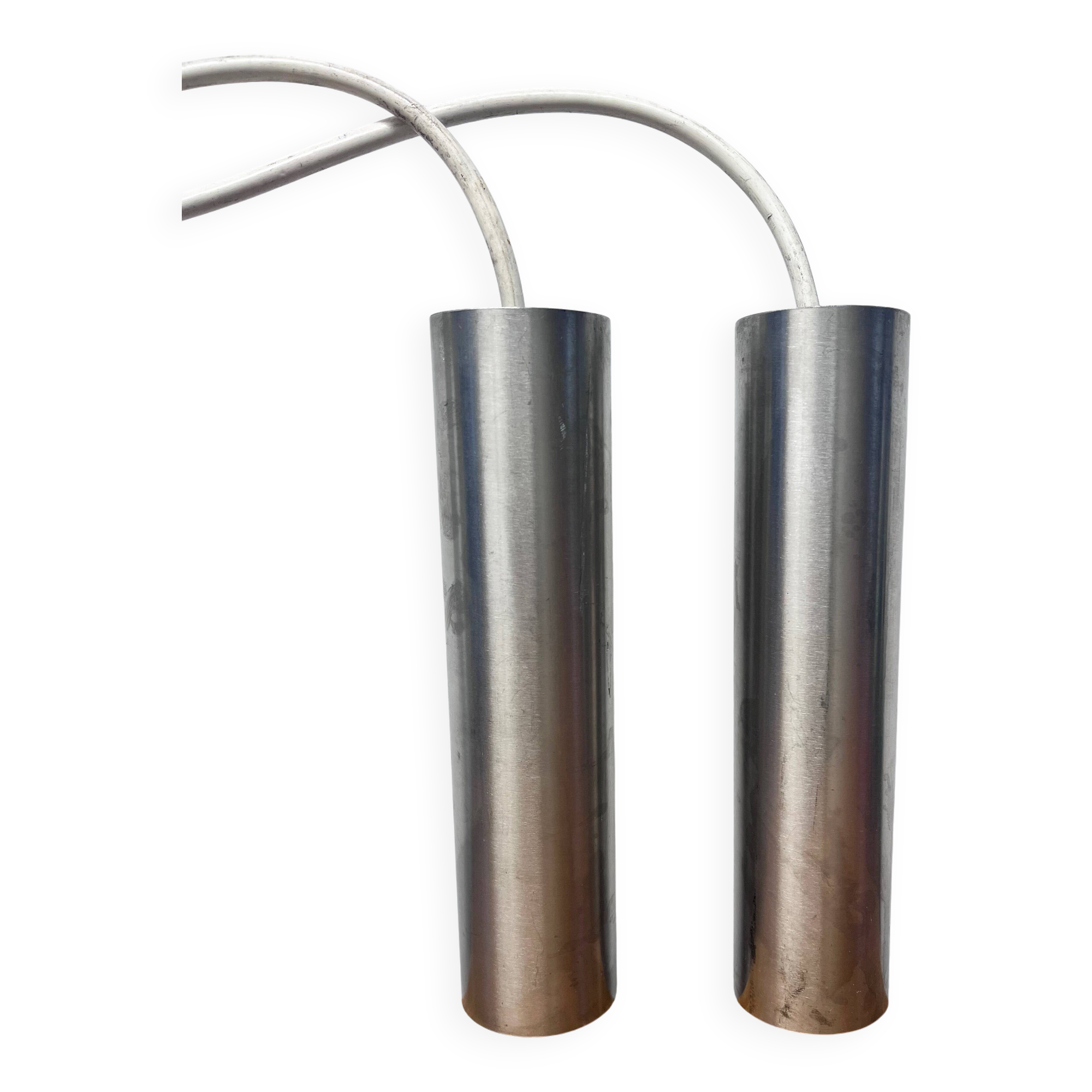 Pair of Parscot brushed metal pendant lights, 1970s