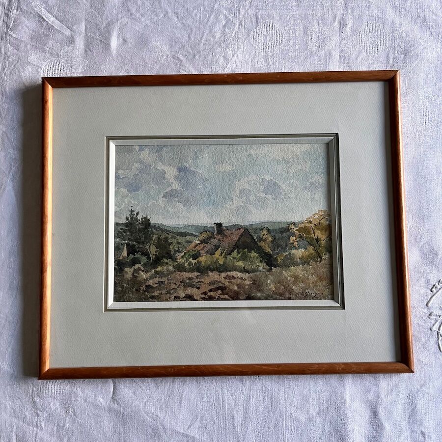 Watercolor framed countryside landscape