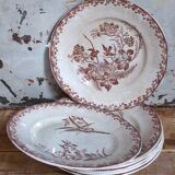 Sept assiettes à dessert terre de fer aux oiseaux f.f.Pexonne fin XIX ème