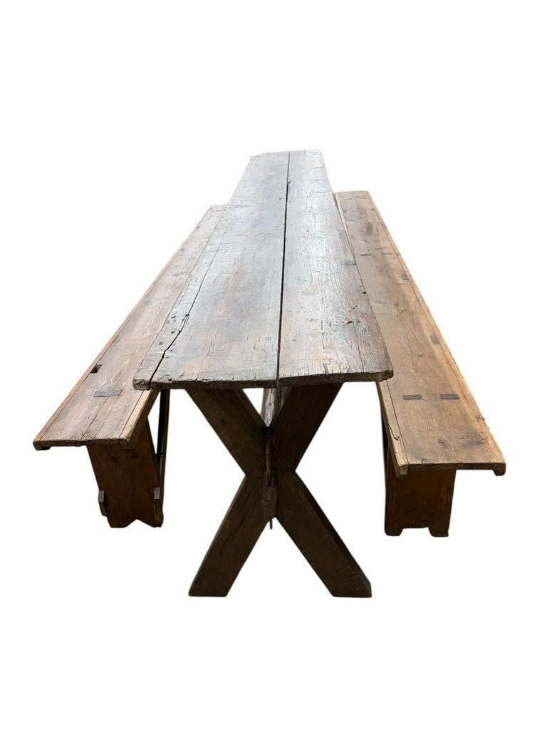 Table XL vintage en bois / Table de jardin avec bancs intégrés