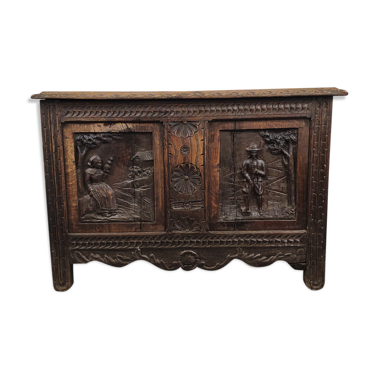 Old storage chest oak carved traditional scene