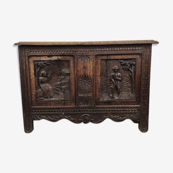 Old storage chest oak carved traditional scene