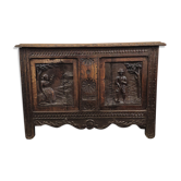 Old storage chest oak carved traditional scene