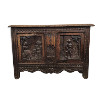 Old storage chest oak carved traditional scene