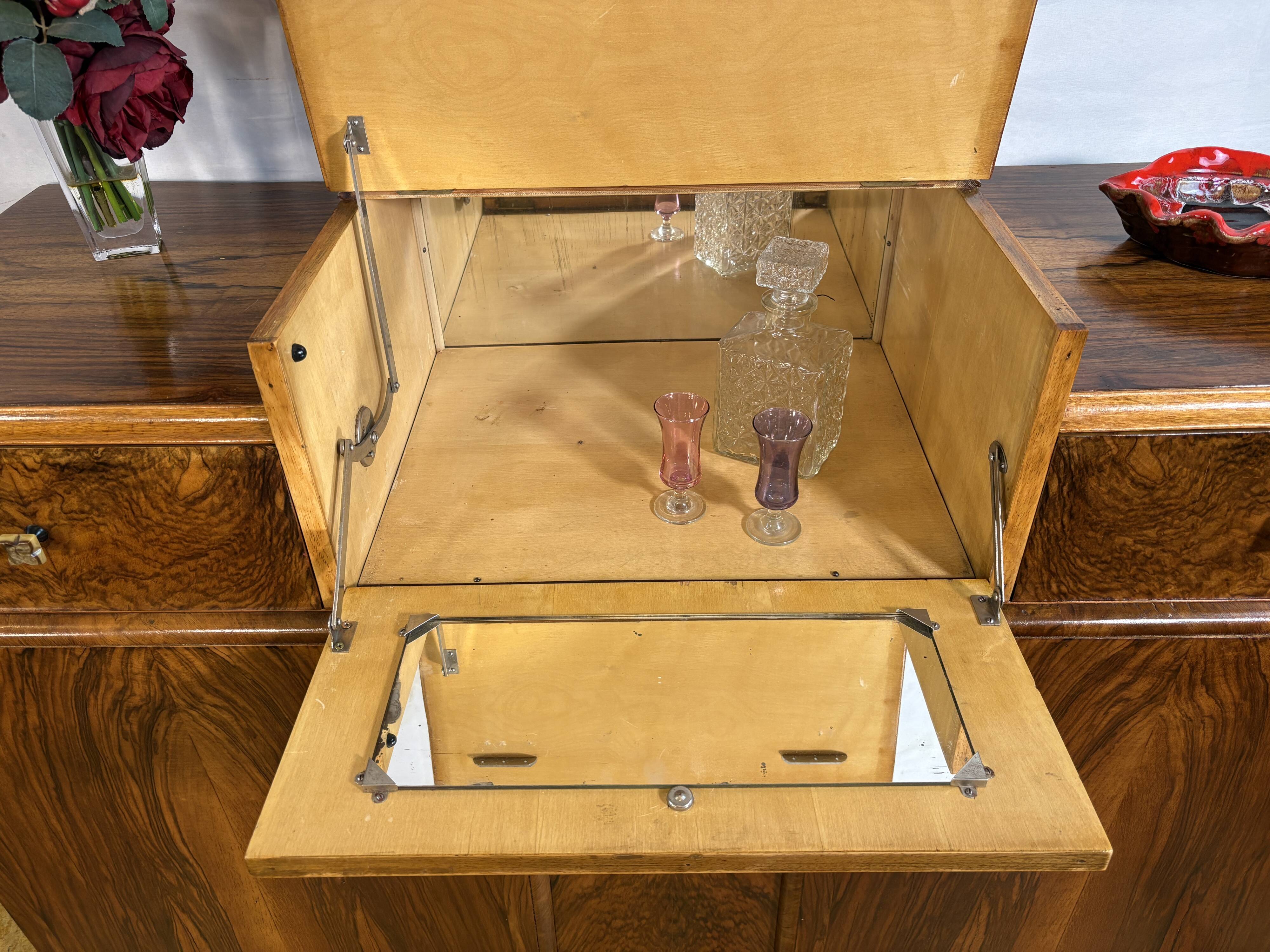 Art Deco English Burr Walnut Cocktail Sideboard – Circa 1930s  A stunning o