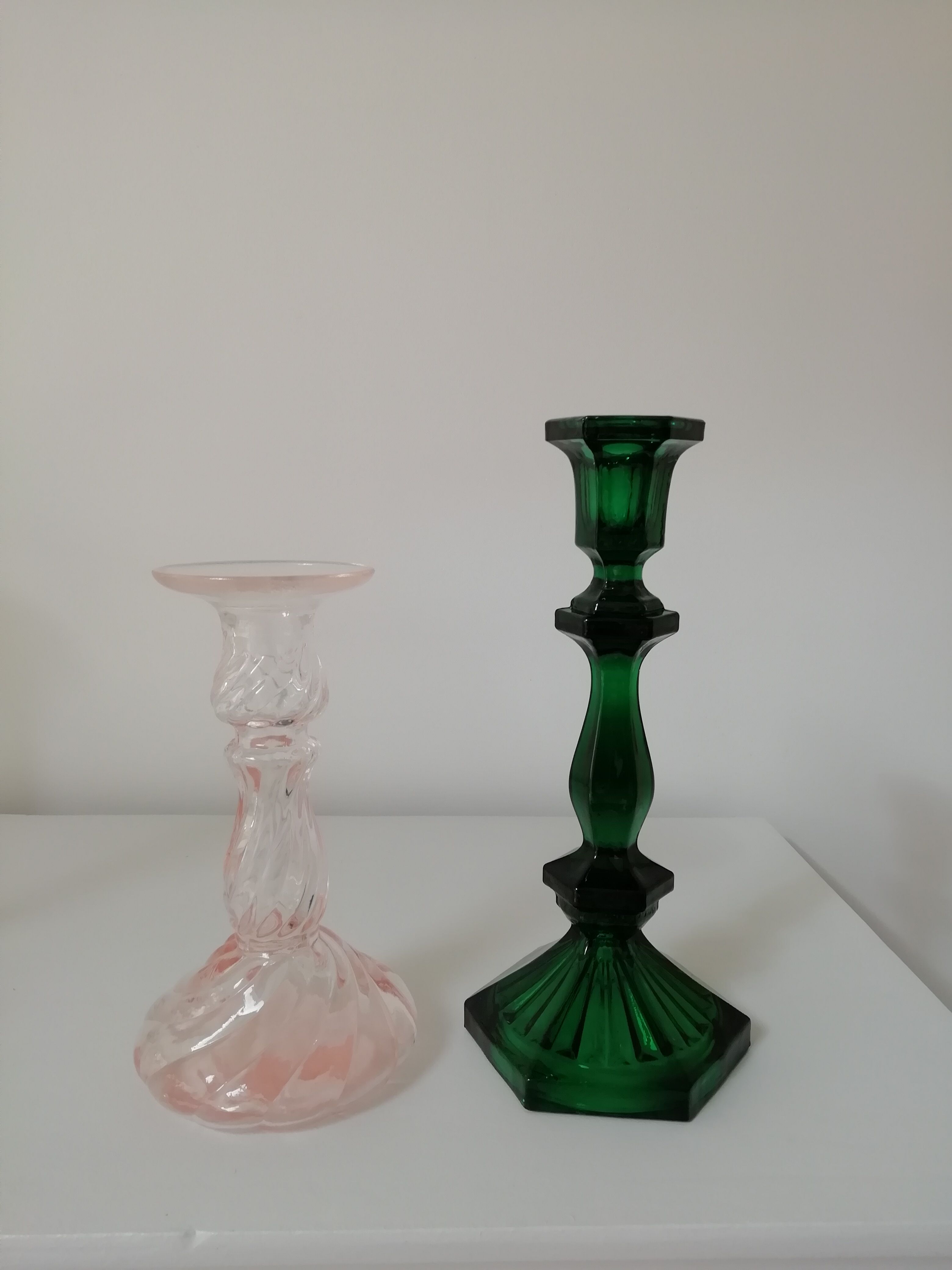 Pair of glass candle holders, pink and green