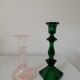 Pair of glass candle holders, pink and green