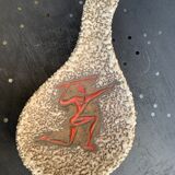 Glassed ceramic cut enamelled prehistoric warrior motif vintage red 1950