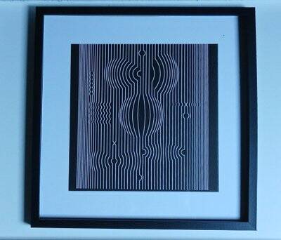 Vintage optical art tableau – black and white linear composition – frame 40x40cm