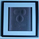 Vintage optical art tableau – black and white linear composition – frame 40x40cm