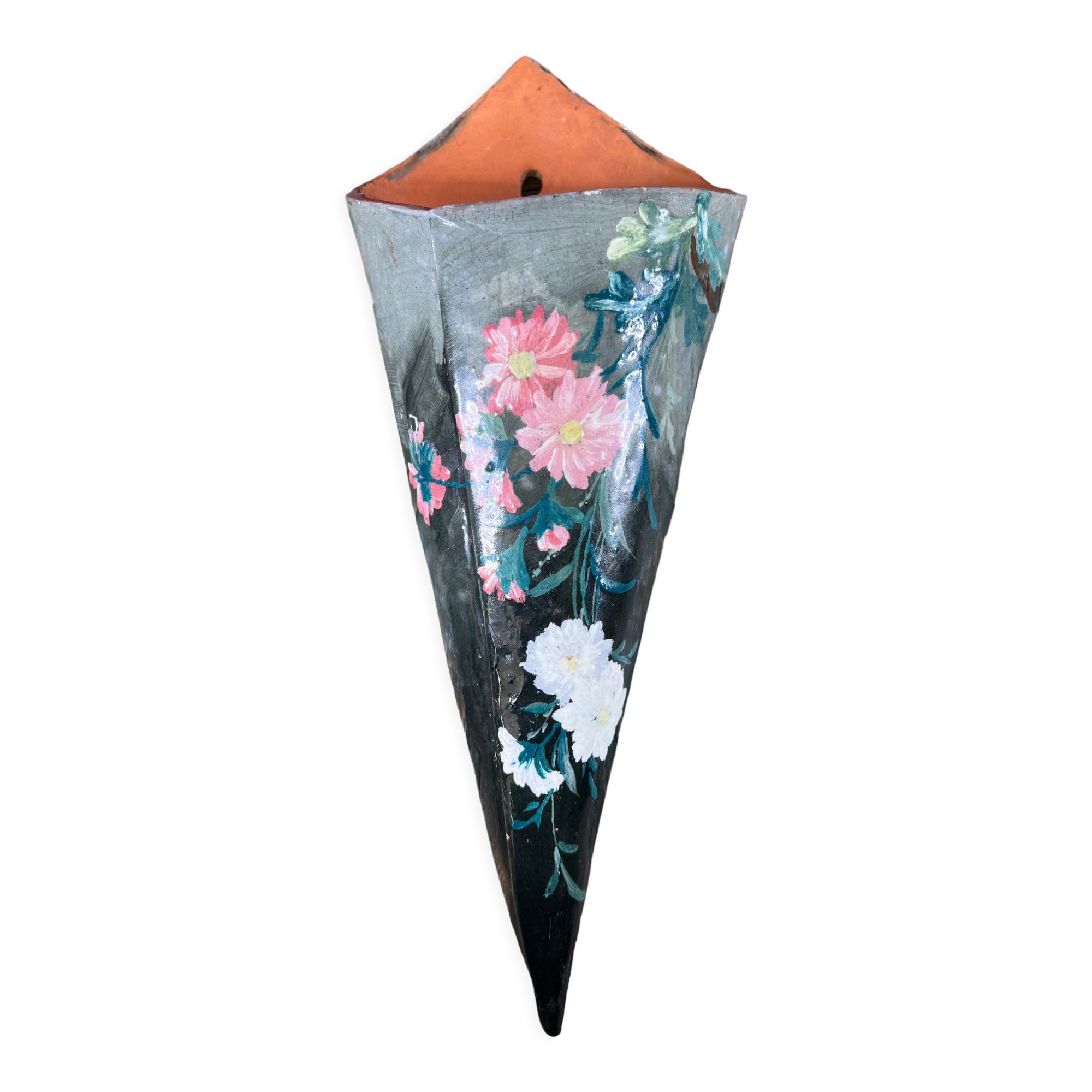 Bouquetière wall vase ceramic cone painted with flowers