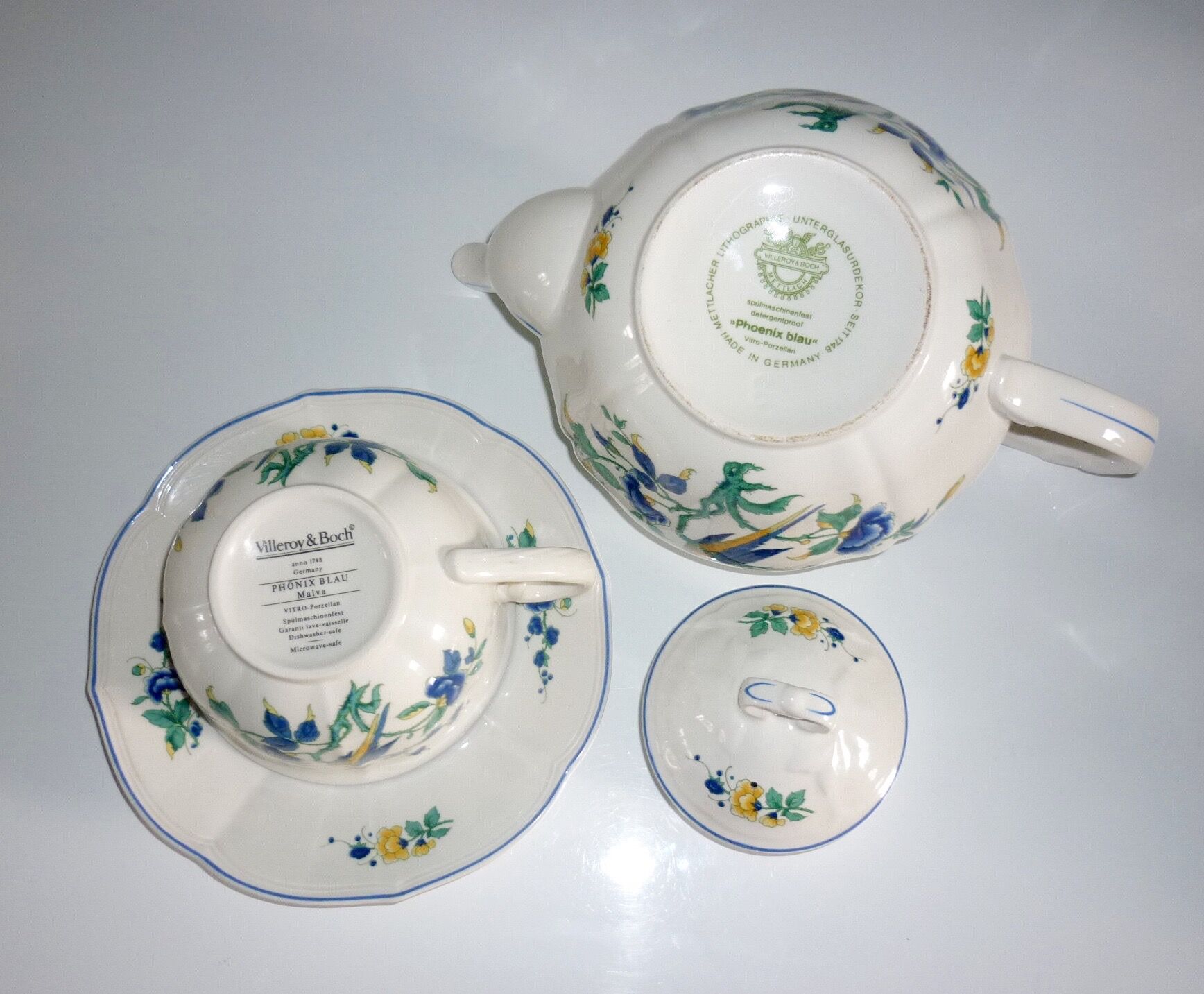 V&B Phoenix blue teapot and breakfast cup and saucer