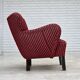 Fauteuil danois des années 1960, en laine de meuble rayée rouge, pieds en bois de chêne.