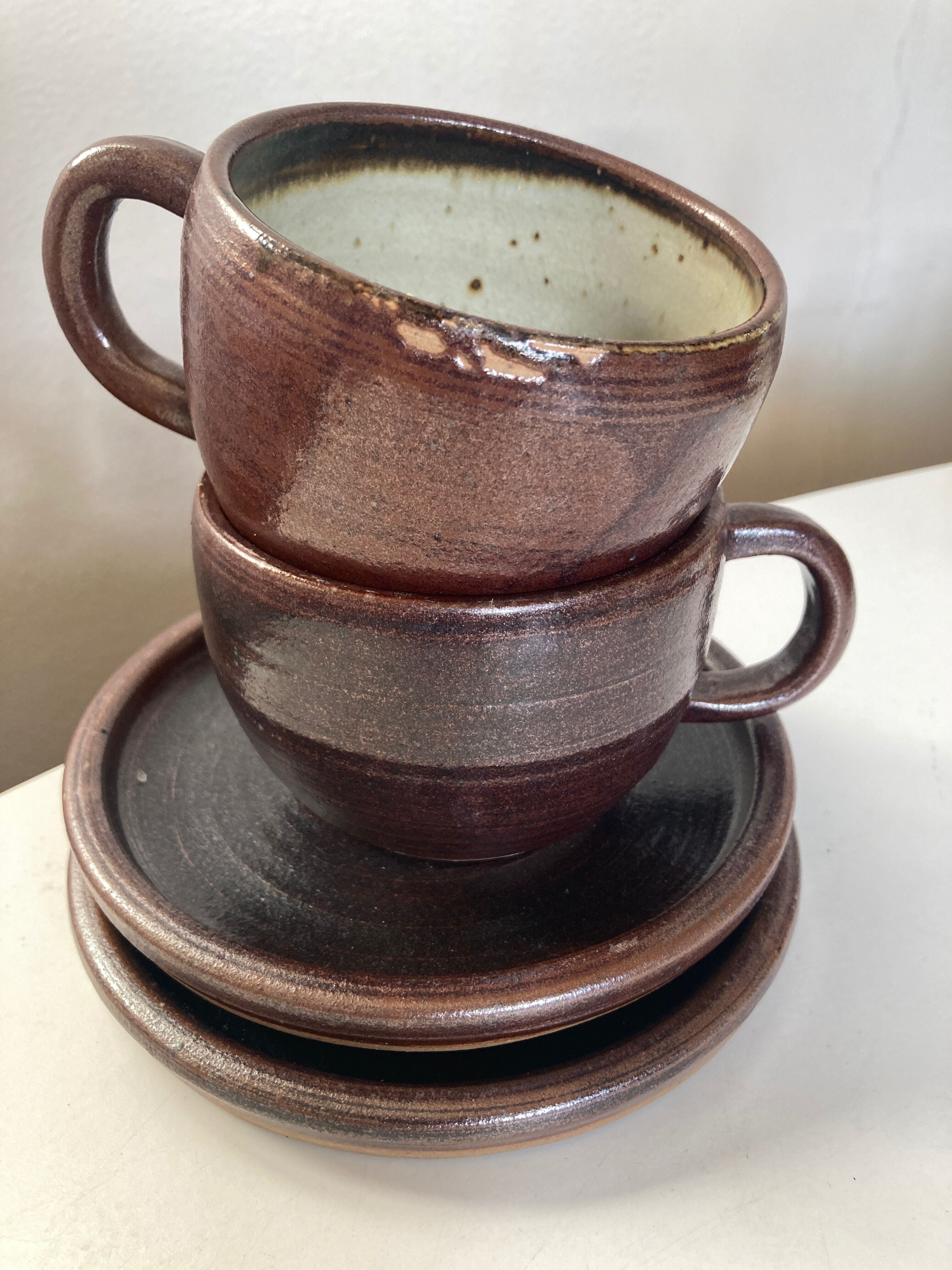 Pair of stoneware breakfast cups signed 1970