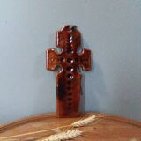 Honey-colored glazed ceramic cross, vintage 1970